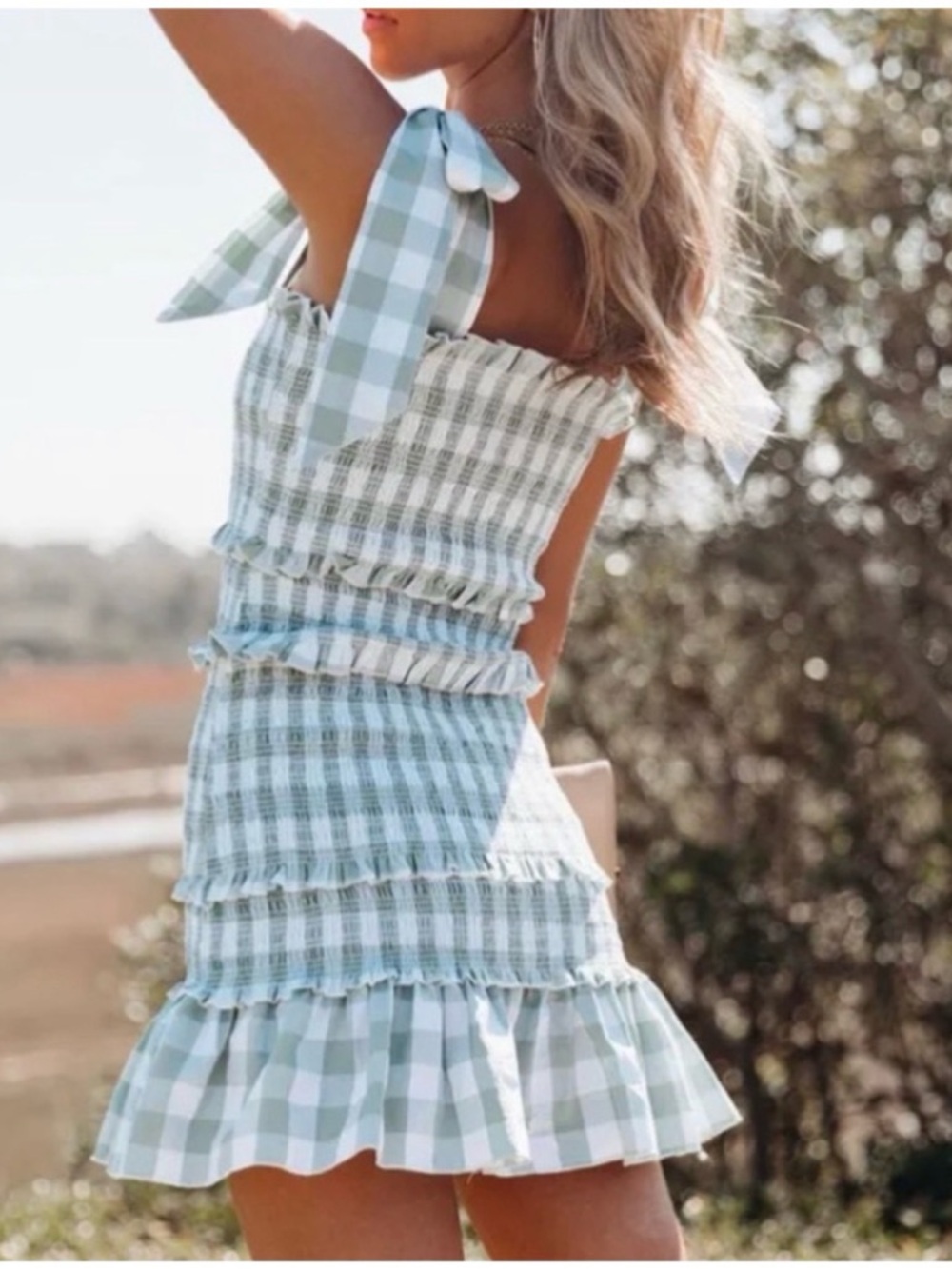 MABLE Allison Smocked Sage Gingham Check Mini Dress - Picture 3 of 14